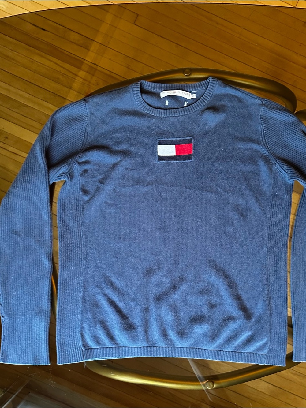 Vintage Tommy Hilfiger Blue Knit Sweater - Embroidered Flag Logo / Size XL